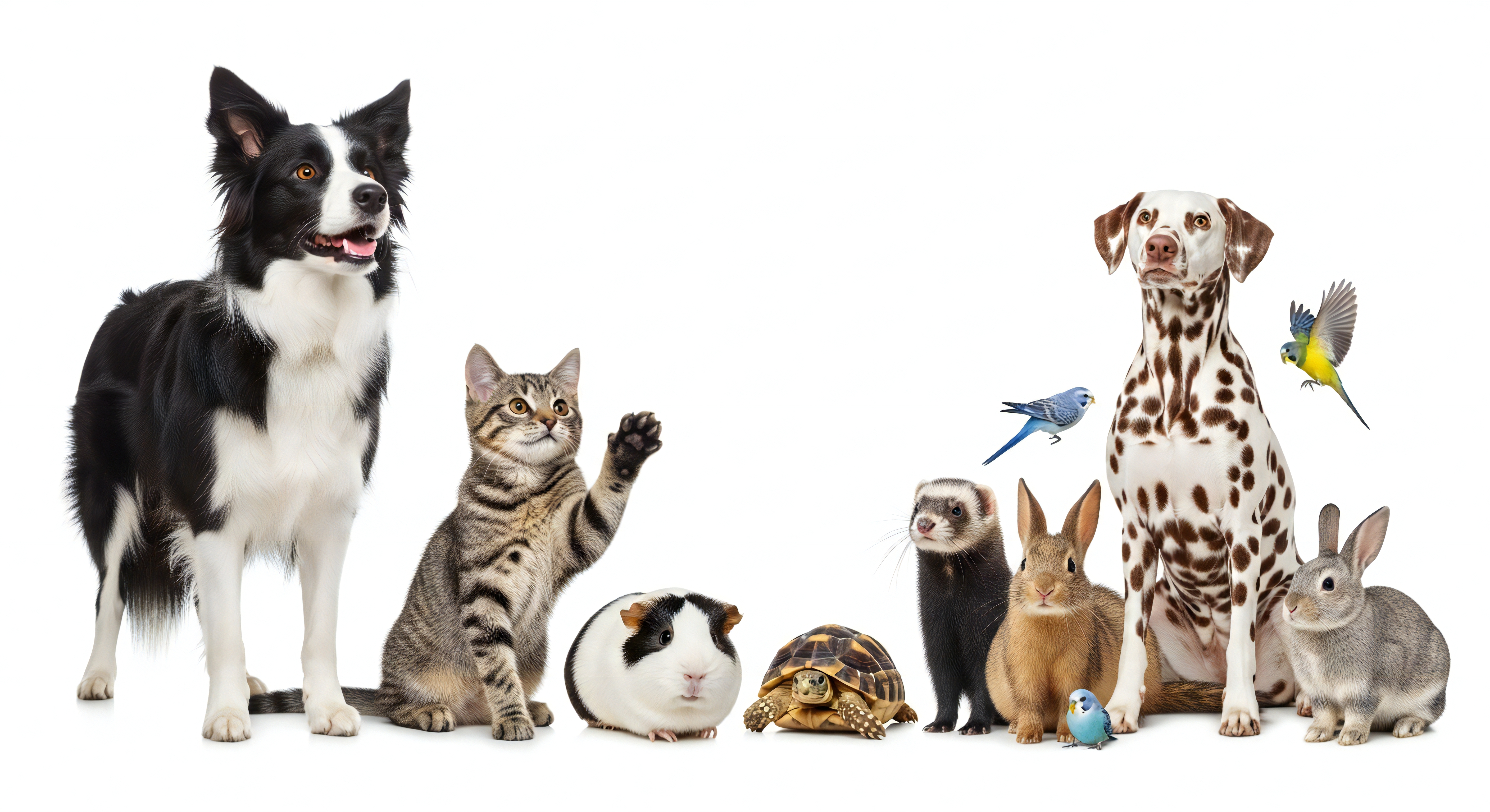 Diverse pets and birds: dogs, cats, guinea pigs, turtles, ferrets, rabbits, parakeets